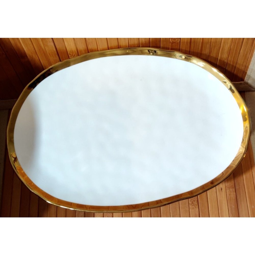 Gold Band Rim Oval Party Serving Platter / Tea Set Display Serving Tray 14x9.5"